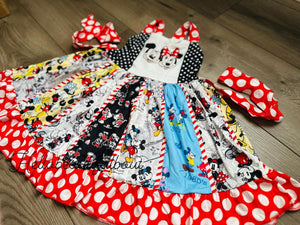 Black, Red, & Yellow Mouse Patchwork Twirl Dress