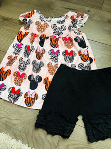 Animal Print Mouse Heads Ruffle Shorts Set