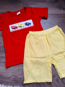 Smocked Cars Seersucker Shorts Set