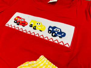 Smocked Cars Seersucker Shorts Set