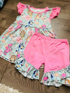 Spring Floral Blue Dog Ruffle Shorts Set