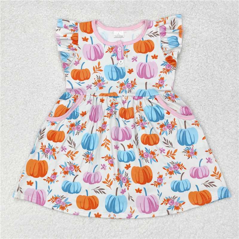 Colorful Fall Pumpkins Flutter Sleeve Dress