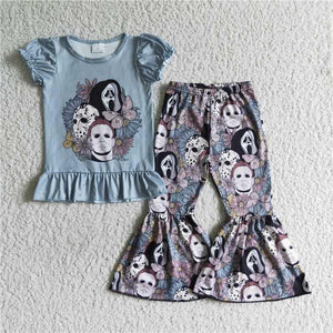 Horror Face Floral Bell Pants Set